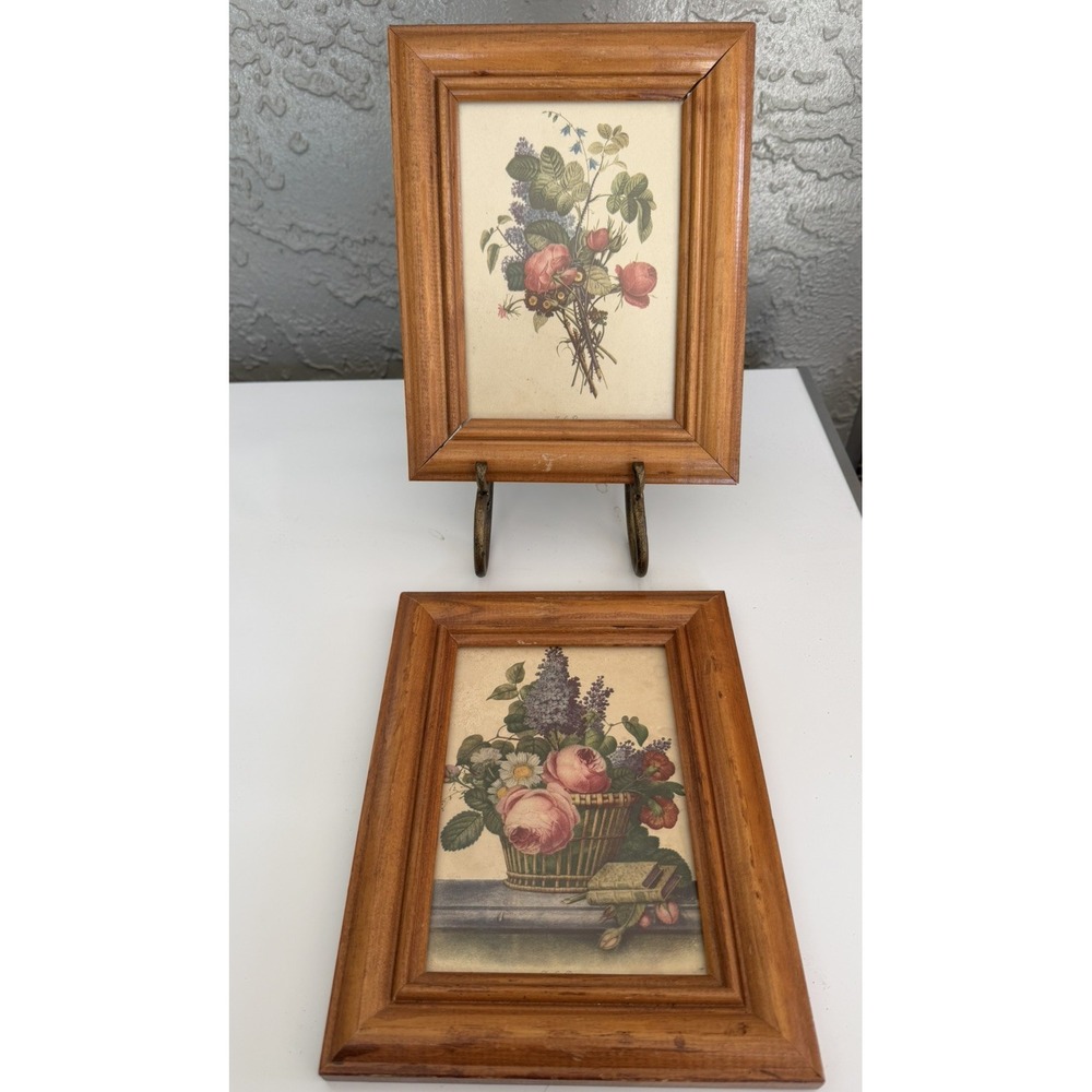 J L Prevost Botanical Floral Framed Prints, Wood Frames 5"x7" VTG